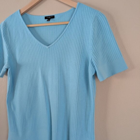 Talbots Blue Ribbed V-Neck Sweater Short Sleeve Layer‎ Classic Transitional MP - Picture 3 of 8